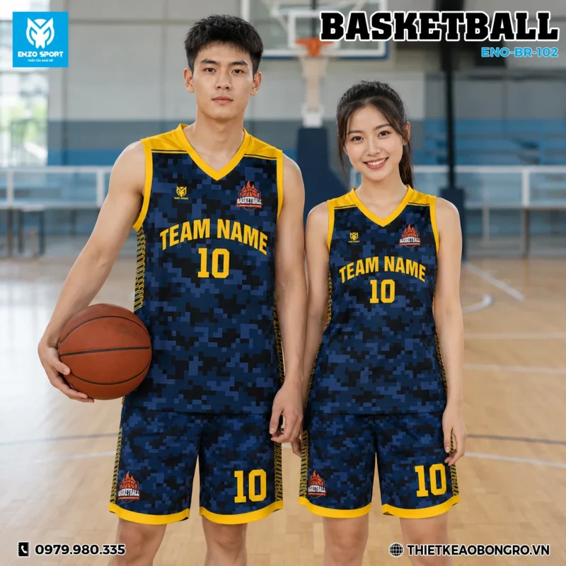 Áo bóng rổ thiết kế ENO-BR-102 xanh navy phối vàng