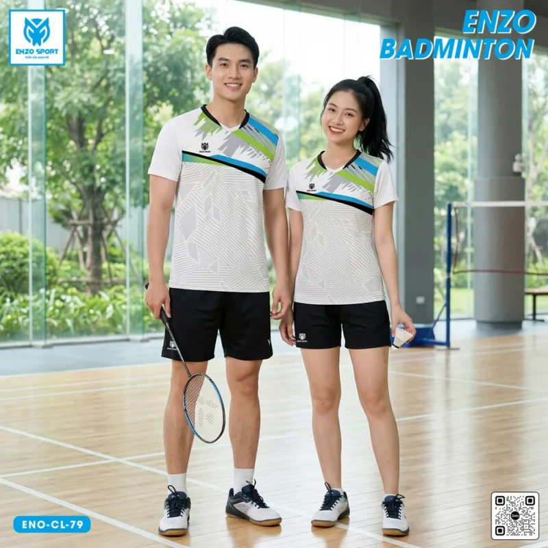 Áo cầu lông thiết kế ENO-CL-79 trắng phối xanh lá xanh dương