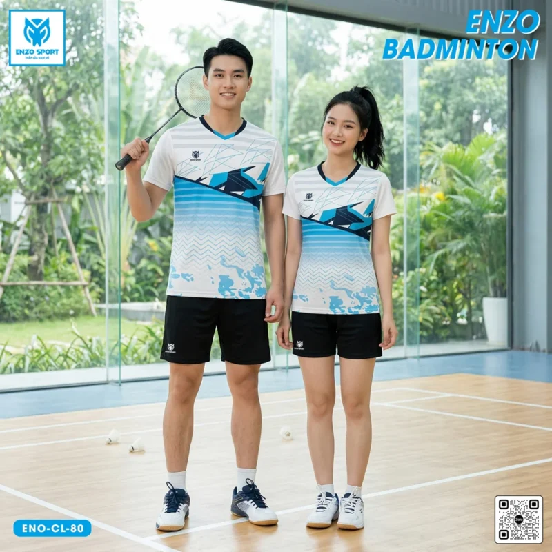 Áo cầu lông thiết kế ENO-CL-80 trắng xanh biển