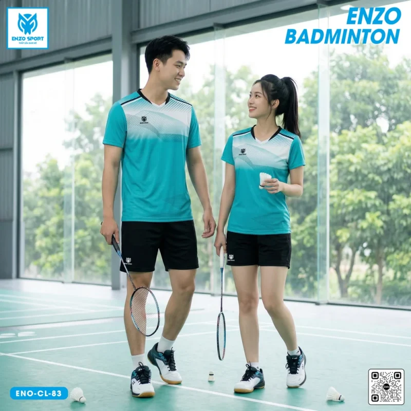 Áo cầu lông thiết kế ENO-CL-83 xanh ngọc phối trắng đen