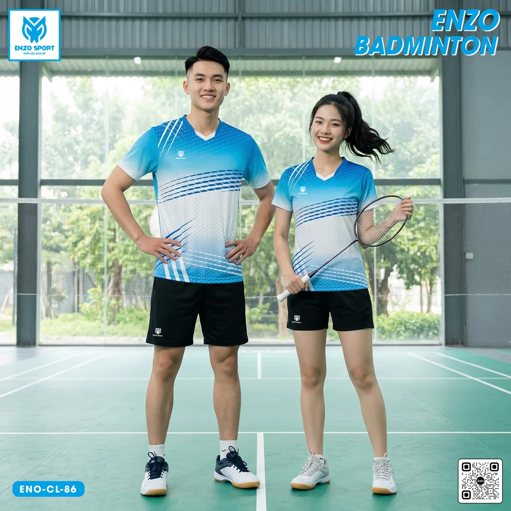 Áo cầu lông thiết kế ENO-CL-86 xanh dương trắng