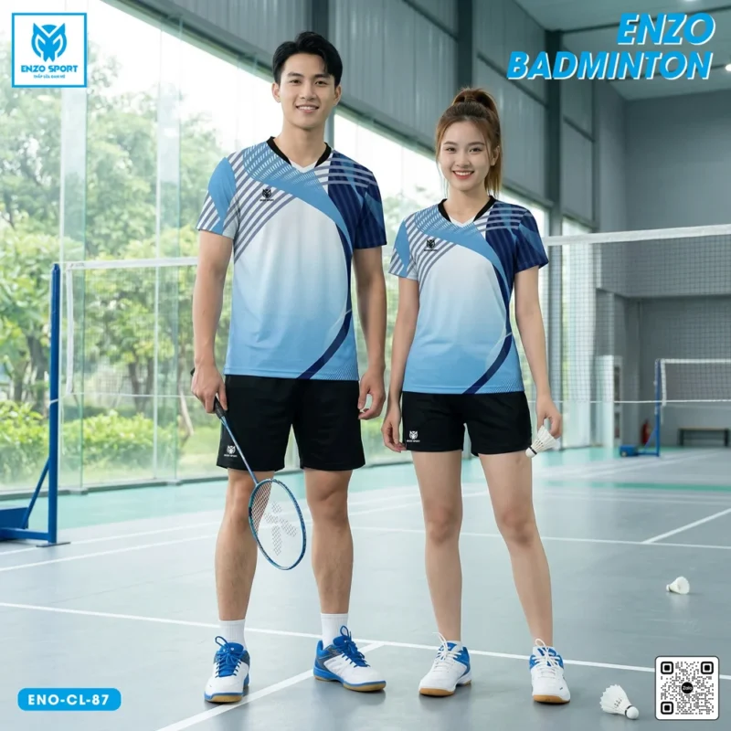 Áo cầu lông thiết kế ENO-CL-87 xanh trắng phối navy