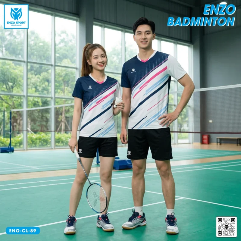 Áo cầu lông thiết kế ENO-CL-89 trắng navy phối hồng xanh