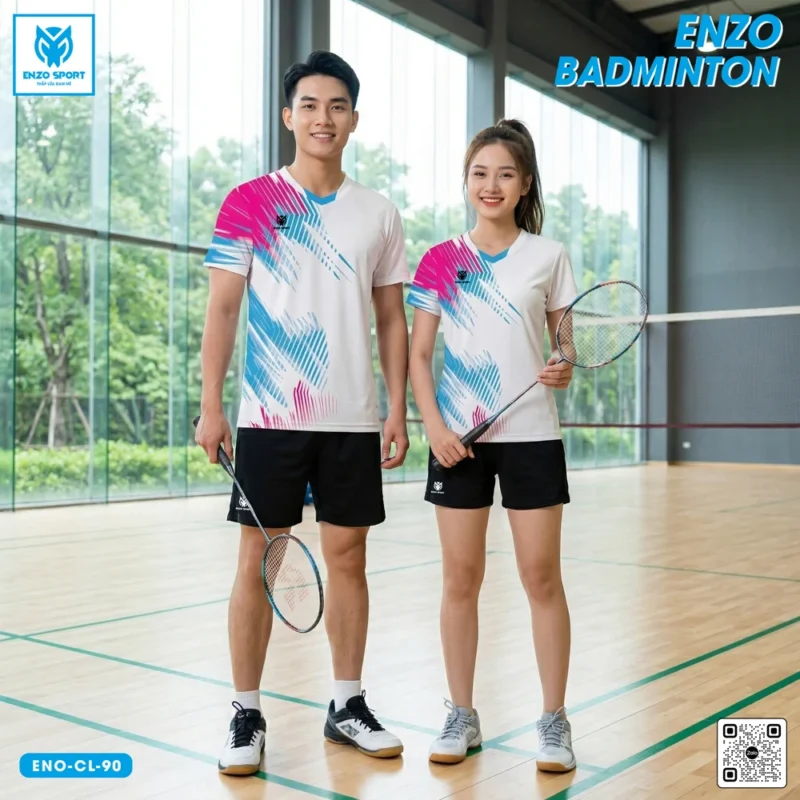 Áo cầu lông thiết kế ENO-CL-90 trắng phối hồng xanh