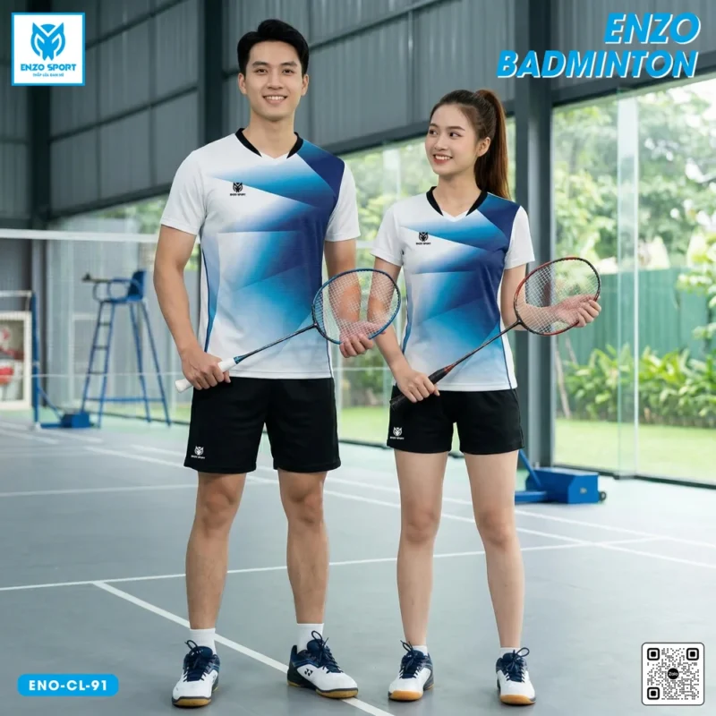Áo cầu lông thiết kế ENO-CL-91 trắng xanh navy