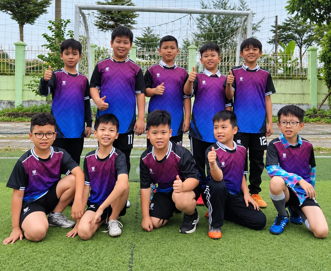 Feedback đội bóng nhí mặc áo FC Cô Nhung màu tím xanh